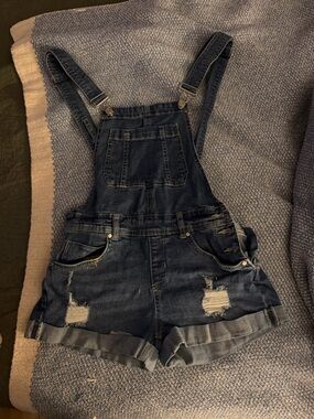 Dollhouse Dark Blue Distressed Denim Short Overalls
